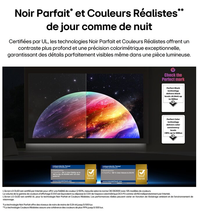 LG OLED evo AI G6 montre une scène planète et étoiles à écran partagé, comparant un écran mat anti-glare à son écran Noir parfait et couleur parfaite pour une qualité d’image plus claire sous n’importe quelle lumière, pris en charge par la certification UL et les certifications Intertek pour le volume et la fidélité des couleurs.